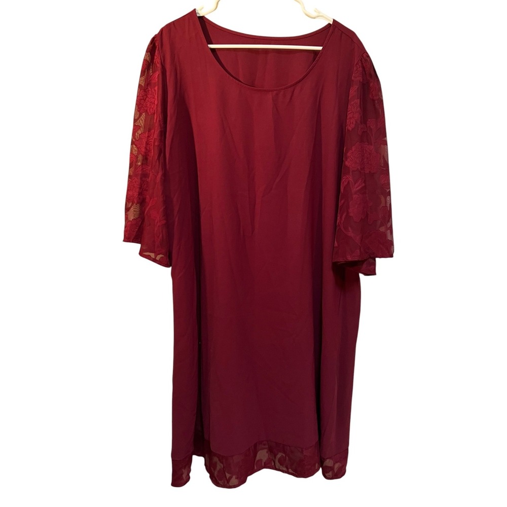 Women's Plus Size 3XL Midi Dress Burgundy Lace Sleeves Hem Scoop Neck 3/4 Sleeve